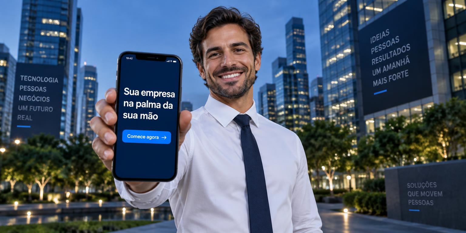 Profissional apresentando no celular a frase “Sua empresa na palma da sua mão”